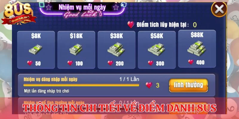 Điểm Danh 8US - Tích Lũy Siêng Năng, Nhận Quà Siêu Hấp Dẫn Thông tin chi tiết về điểm danh 8US